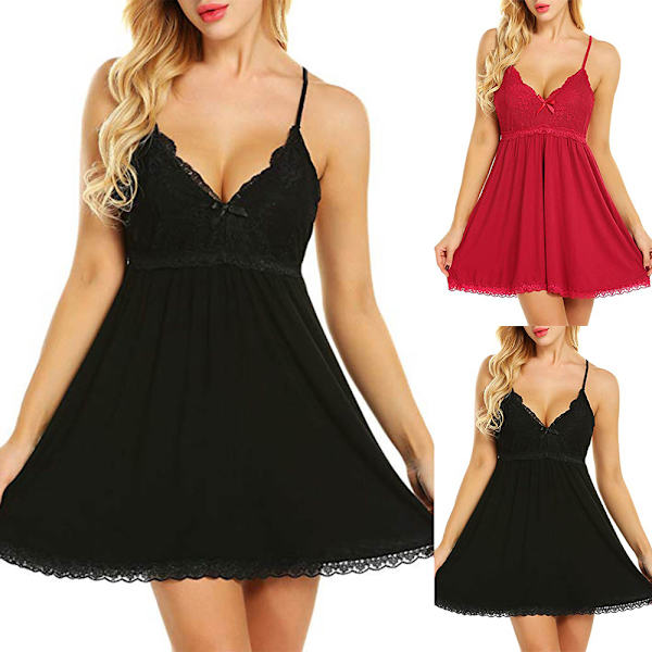Dam Nattkläder Slips Sexig Spets Nattlinne Underkläder Valentine - on stock black M