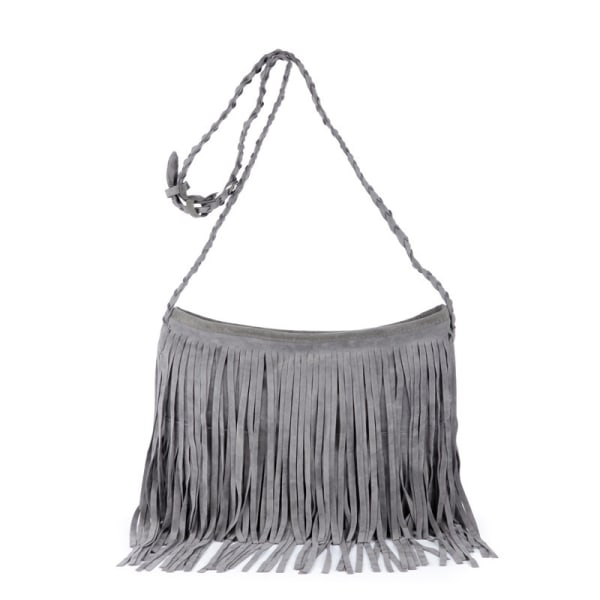 Boho Hippie Fringed Tofs Mocka Shoulder Messenger X Body Handväskor Plånböcker - Grå - high quality