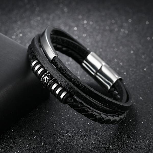 Mens Äkta läderarmband Armband Rostfritt Stållås Smycken Gift - on stock Black