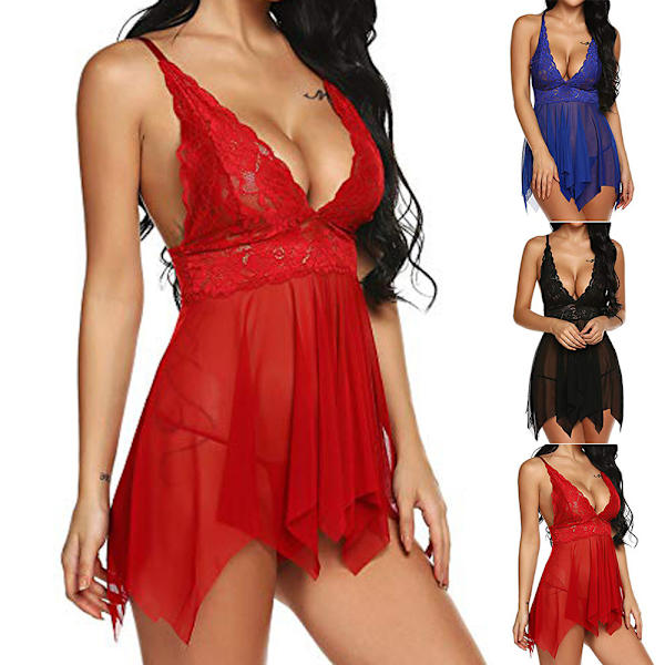 Naiset Sexy Nightwear Mesh V kaula läpinäkyvä minimekko Alusvaatteet - varastossa red L