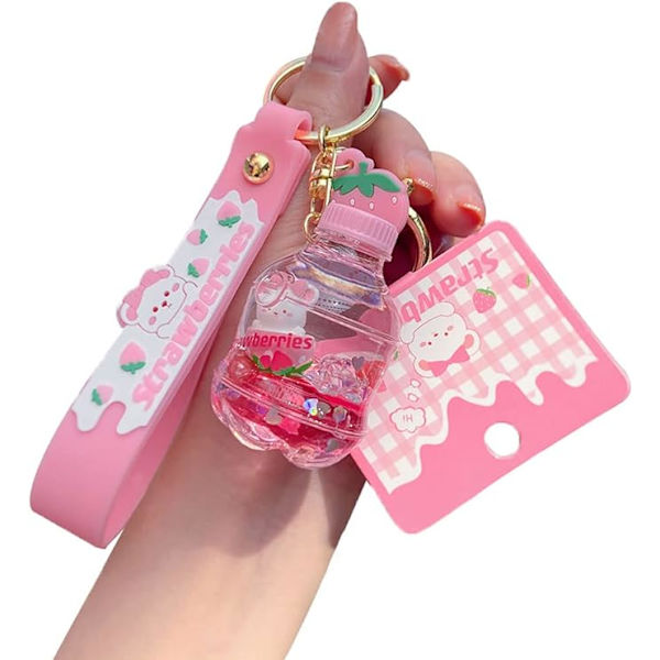 Girls Creative Lovely Strawberry Rabbit Flytande Hjälp Slappna av Lucky Flaska Flytta Flytande Sand Bilnyckelhållare (rosa, 2st) - on stock