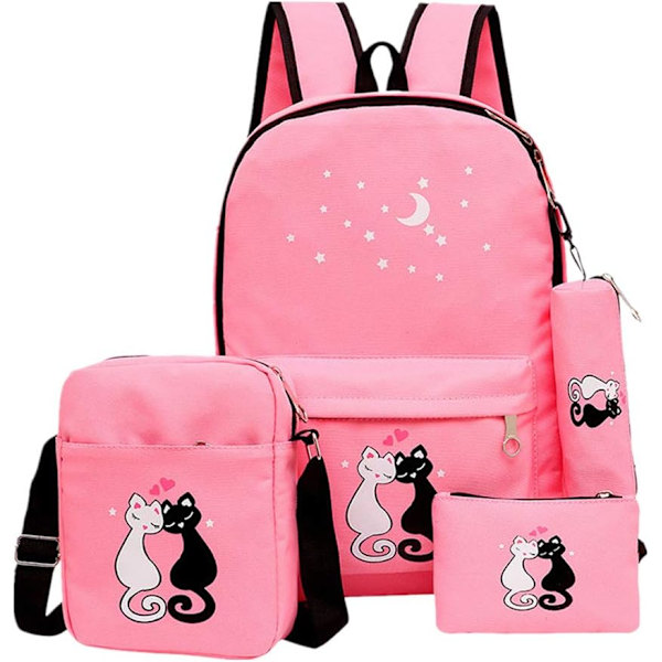 4 st Star Cat Prints Canvas Casual Daypack för flickor Bokväska Skolryggsäck Set med Crossbody-väska - spot sales