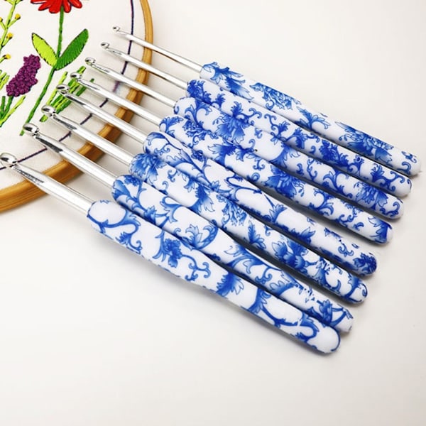 8st Virknål Set Blå och Vit Ergonomiskt grepp av porslin 8Pcs - stock 8Pcs