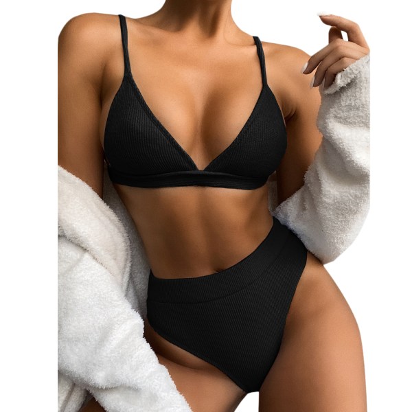 Dam 2-delad baddräkt med hög midja Bikini Set Push Up Beachwear - stock Black M
