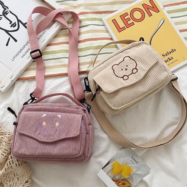 Mode manchester Cartoon Bear Print Axelväskor ROSA - on stock pink