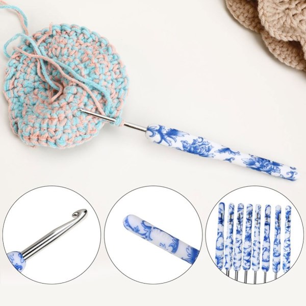 8st Virknål Set Blå och Vit Ergonomiskt grepp av porslin 8Pcs - stock 8Pcs