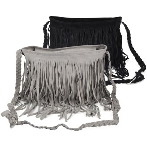 Boho Hippie Fringed Tofs Mocka Shoulder Messenger X Body Handväskor Plånböcker - Grå - high quality