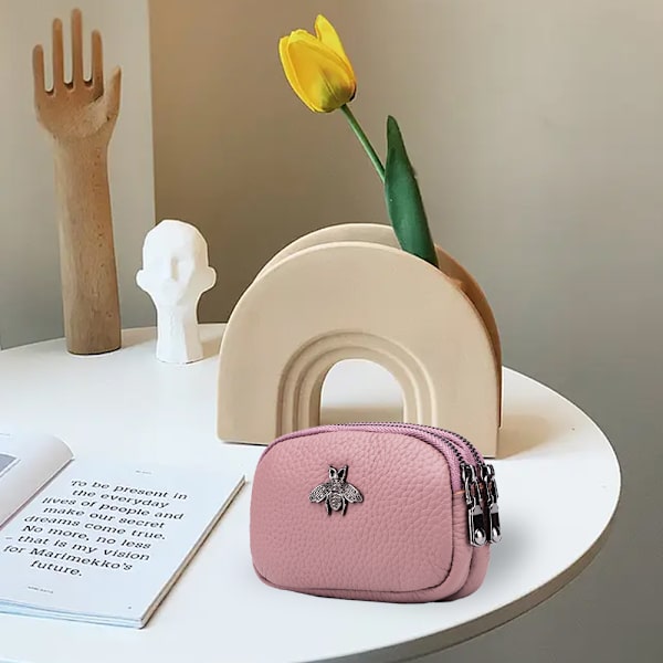 Kvinnliga lädermyntväska, liten 2 blixtlåsförsedd bytepåse - high quality pink