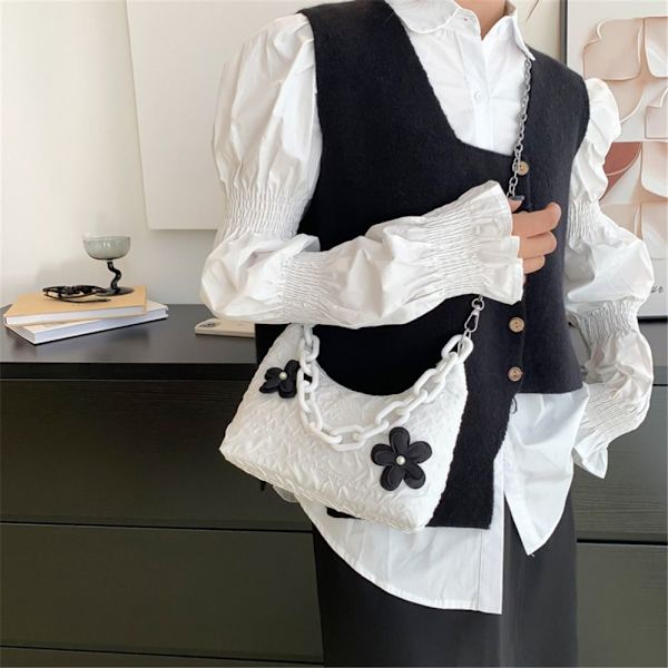 Mode Kvinnor Blomma Axelväskor Nylon Sling Handväskor vit - on stock vit