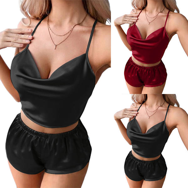 Naisten seksikkäät yöasut Crop Straps Topit ja shortsit Yöasut Bodydoll - varastossa black M
