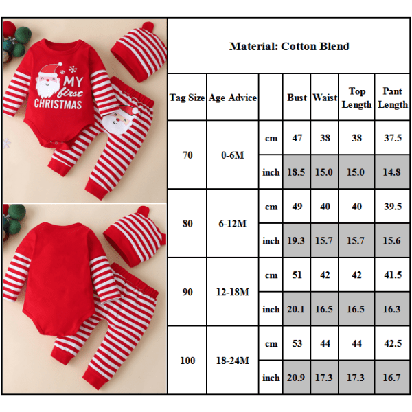 Christmas Baby Girl 3st Stripe Långärmad Romper Byxor Hat Set - spot försäljning red 90cm