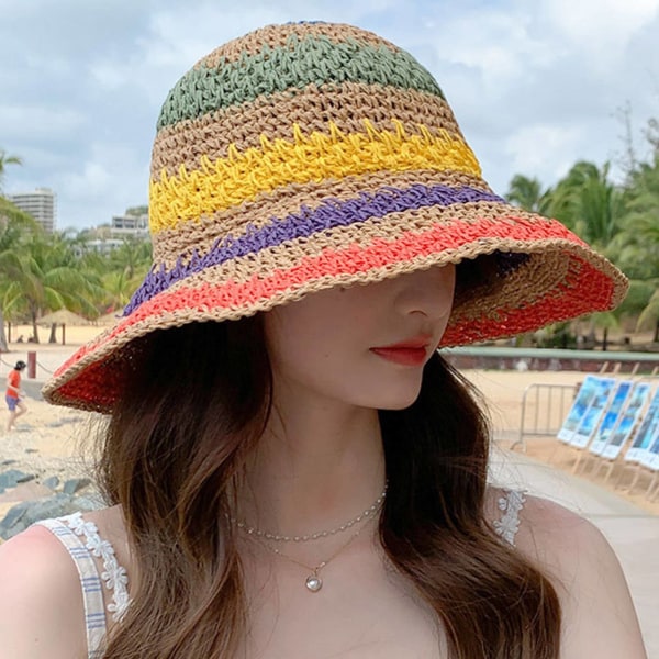 Hinkhatt för sommar för kvinnor Rainbow Crochet Hat - spot försäljning beige