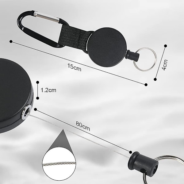 3-osainen sisäänvedettävä avaimenperä, karabiini sisäänvedettävällä kelauslaitteella 60 cm teräskaapelilla (4-d-1) - korkea laatu