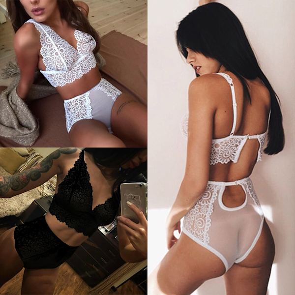 Damunderkläder Set BH och Trosor Set Mesh Underkläder Negligee - spot försäljning Black M
