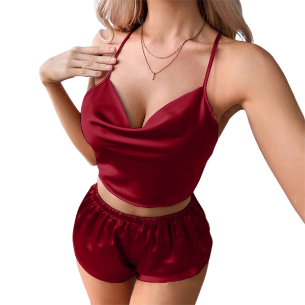 Seksikkäät naisten alusvaatteet Silkkiset henkselit & shortsit Pyjamas Teddy - korkealaatuinen wine red XL