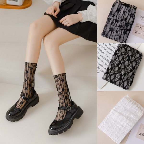 Spets Solid Sock Nätstrumpor LÅNG TUNNA SVART - high quality