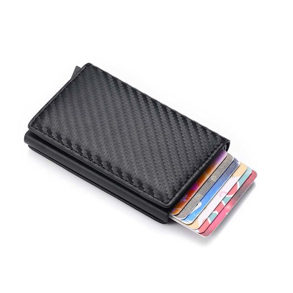 RFID-Säkert läderjacka korthållare skjuter fram Svart - spot sales Carbon black