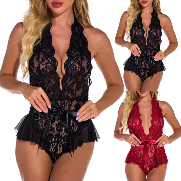 Sexy Lingerie Lace Deep V Body Teddy Nightwear - spot-ale black S