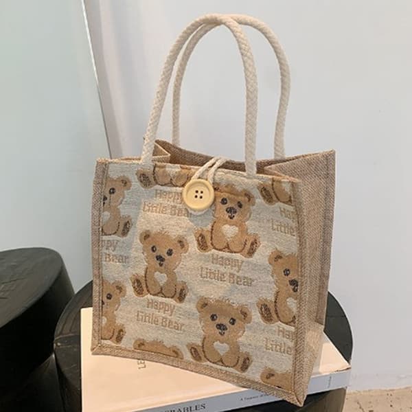 Dam e Bear Pattern Olkalaukku Pellava Tyttö Student Handbag Min - spot ale Beige