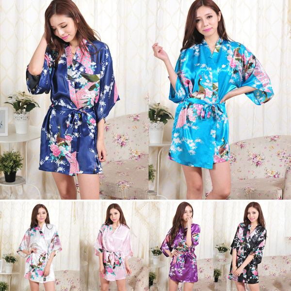 Satin Kimono Robe Short för kvinnor - Blommig sovklänning - spot försäljning white XL