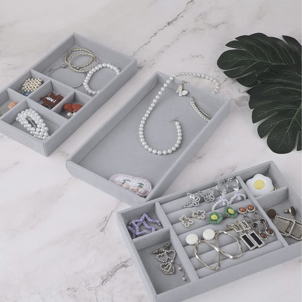 Smyckesbrickor Organizer Set med 3 sammetsstapelbara smyckeslåda - high quality