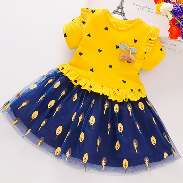 Barn Baby Girl Love Blommig Kortärmad Spetsklänning Sommar Casua - on stock yellow XL