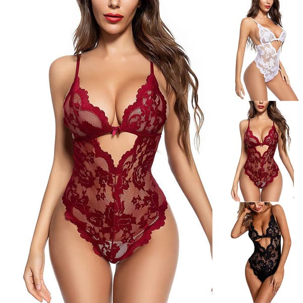Body med djup V-spets för kvinnor Teddy Underkläder Bodysuit Nattkläder - high quality white S
