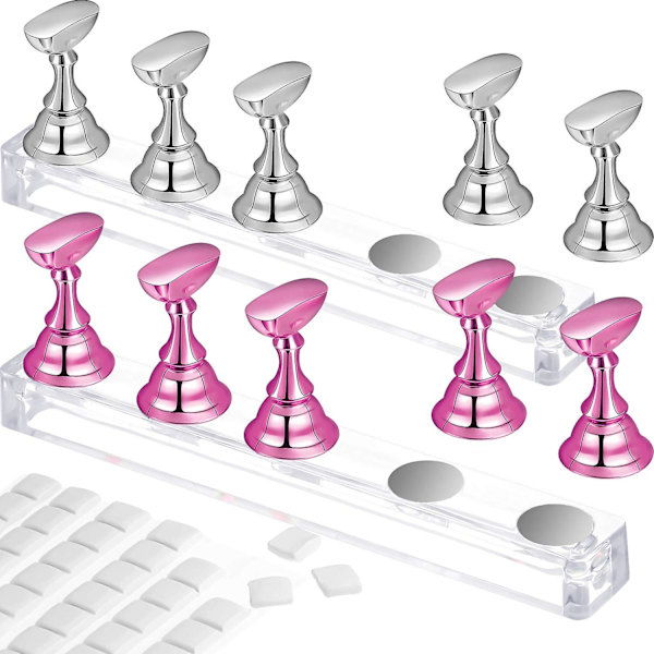 Nageltips Hållare Akryl Nail Art Practice Stativ Magnetisk - spot sales Metallrosa och silver 2 Set
