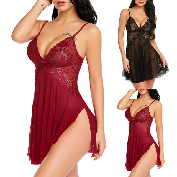 Sexiga mesh för kvinnor genomskinlig kort klänning docka underkläder - stock red L
