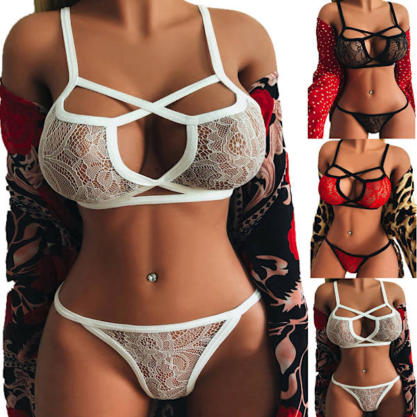 Damunderkläder Set Spets BH Push Up Thong Trosa Set Underkläder - stock red XL