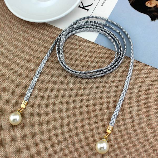 Creative Thin PU Belt Simulated Pearl midjebälten - high quality Silver
