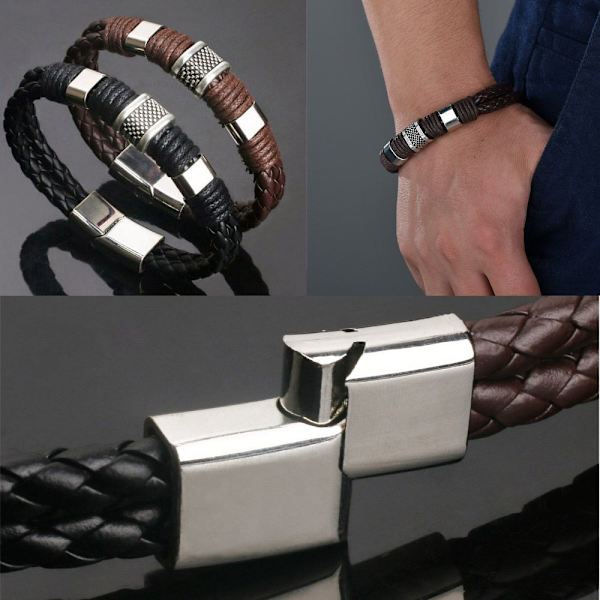 Punkarmband Läderarmband Flätad SVART - on stock