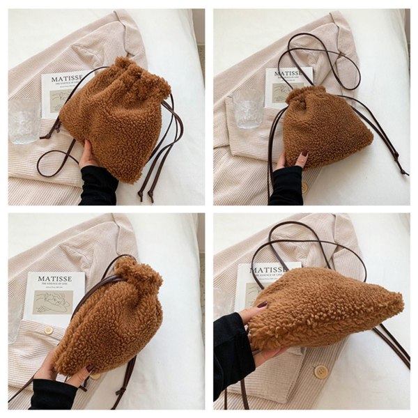 Naisten olkalaukut Fluffy Bucket Bag kiristysnyörillä - laadukas beige