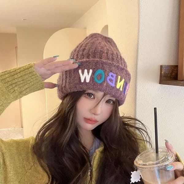 Rainbow Letter Beanie Knitted Beanie Hat GREY - varastossa grey
