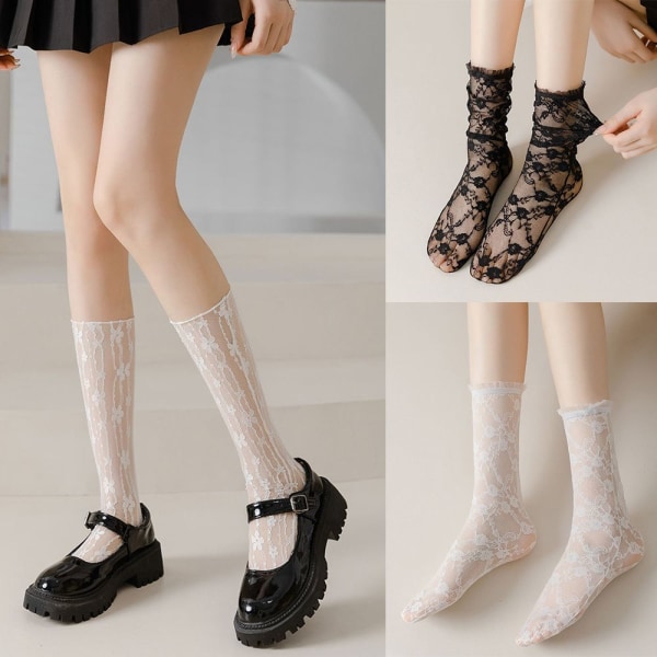 Spets Solid Sock Nätstrumpor LÅNG TUNNA SVART - high quality