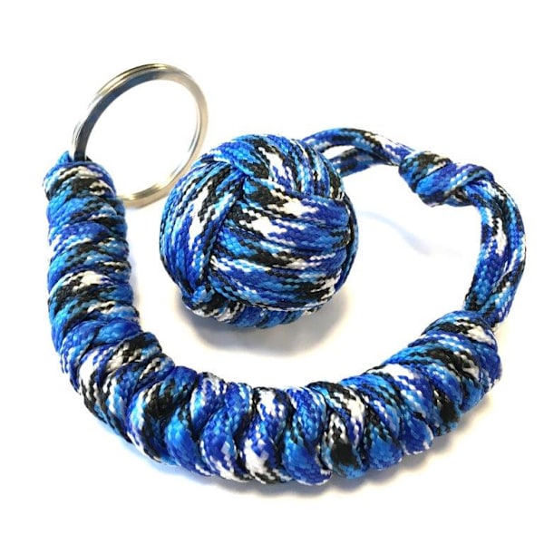 Paracord MonkeyFist / Apnäve - nyckelring blå/svart/vit - high quality Black Blue White