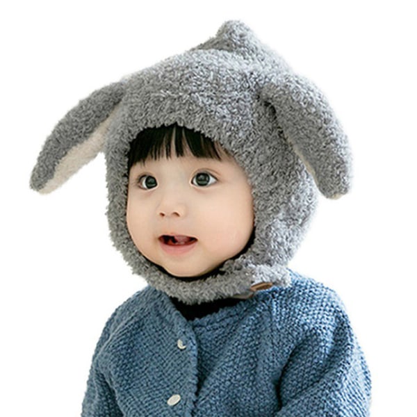 Baby Rabbit Ear Plysch Vinterhatt Varm Cap Söt Dubbel Pompom Hat - spot sales Gray