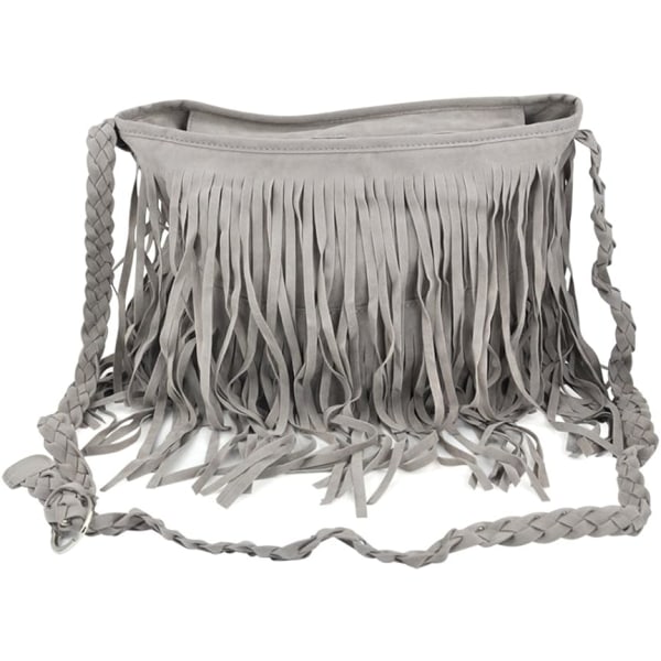 Boho Hippie Fringed Tofs Mocka Shoulder Messenger X Body Handväskor Plånböcker - Grå - high quality