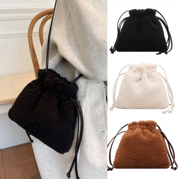 Naisten olkalaukut Fluffy Bucket Bag kiristysnyörillä - laadukas beige