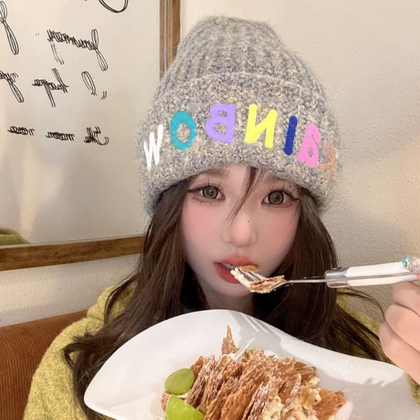 Rainbow Letter Beanie Stickad Beanie Hat BLÅ - high quality blue