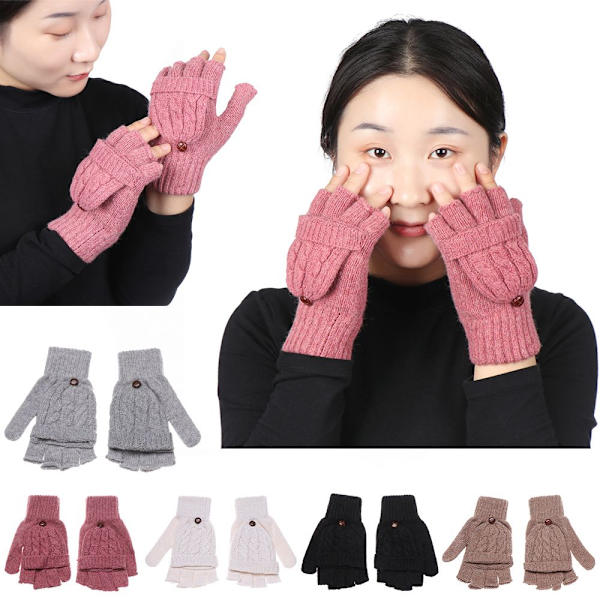 Half Finger Mittens Gloves Handwarmer Flip Knitted BEIGE - varastossa