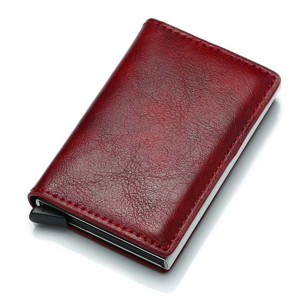 RFID-Säkert läderjacka korthållare skjuter fram Svart - on stock Wine red