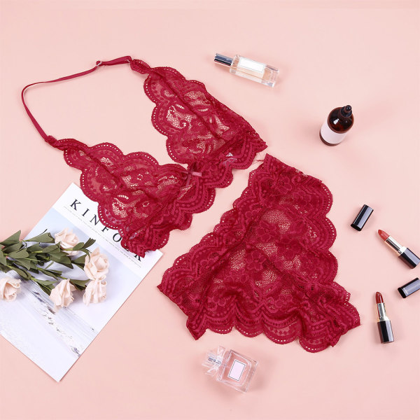 Naisten seksikäs yöasu Lace Halter Bra Matala vyötäröiset pikkuhousut Bodydoll - korkea laatu wine red XL