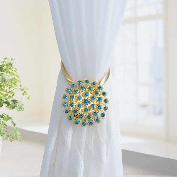 2st gardinbindningar Magnetisk strass inlagt bindningsspänne - stock Golden Peacock Blue