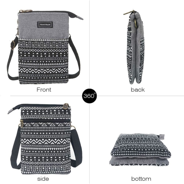 Tilava matkapuhelinlaukku Wallet Canvas Pienet Crossbody laukut - laadukkaita P-black and Gray