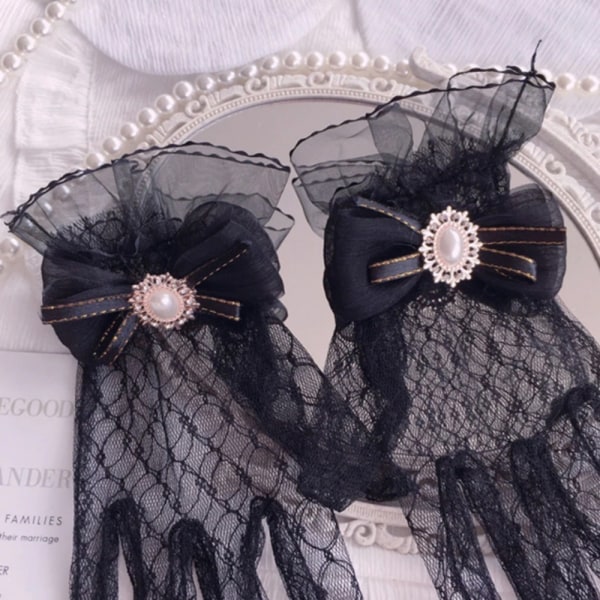 Musta Valkoinen Lace Gloves Gothic Lolita Mesh Bow Gloves MUSTA - korkea laatu Black