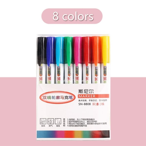 8 KPL/12 KPL Double Line Outline Pen Marker Pens 8 VÄRIÄ - varastossa 8Colors