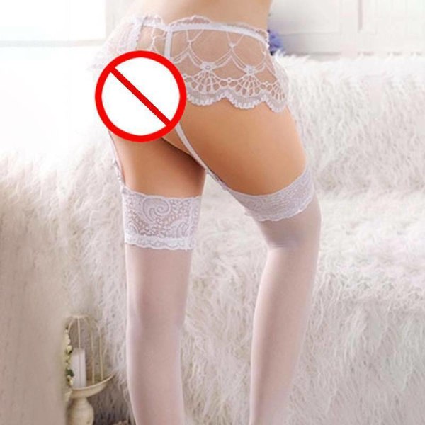 Naisten seksikkäät pitsiset reisi-sukkasukkahousut+lenkit vyö Hold-ups - spot-ale white one size