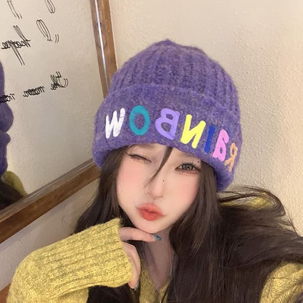 Rainbow Letter Beanie Stickad Beanie Hat BLÅ - high quality blue
