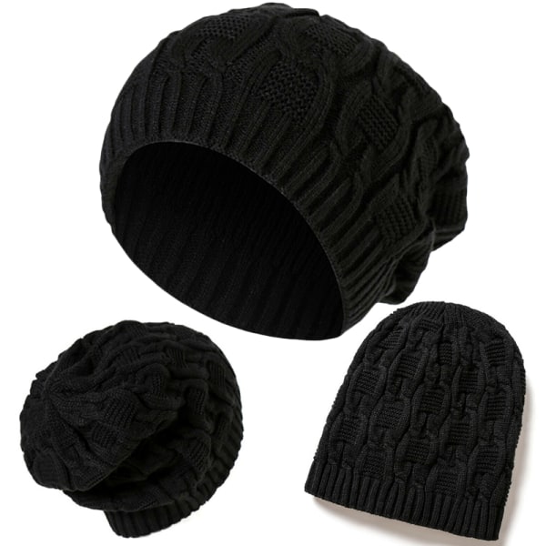 Casual Stickad Mössa Dam Vinter Mjuk Varm Stickad Beanie Hat - stock black